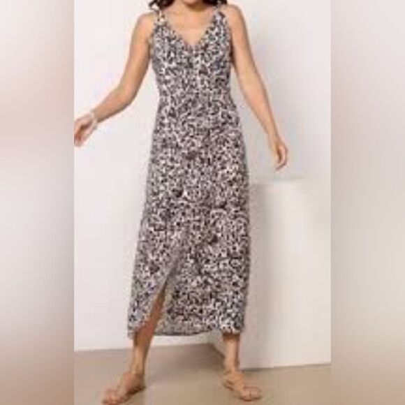 Anthropologie Cloth & Stone Linen Button Front Leopard Print Midi Dress Medium - Picture 1 of 5